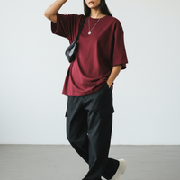 Oversized T-Shirt in Deep Wine Red - Model Wearing
