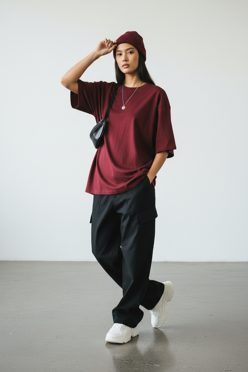 Oversized T-Shirt in Deep Wine Red - Model Wearing