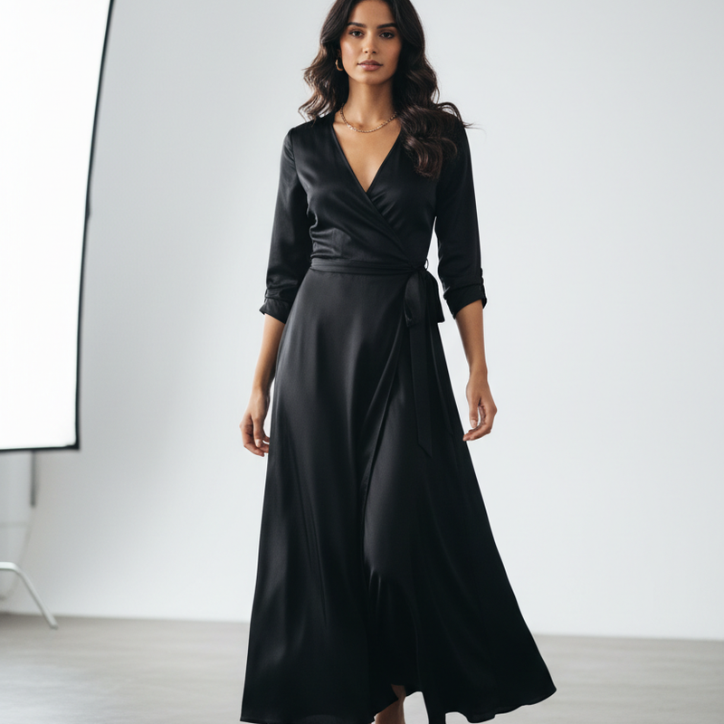 Wrap Dress in Classic Black - Model Wearing